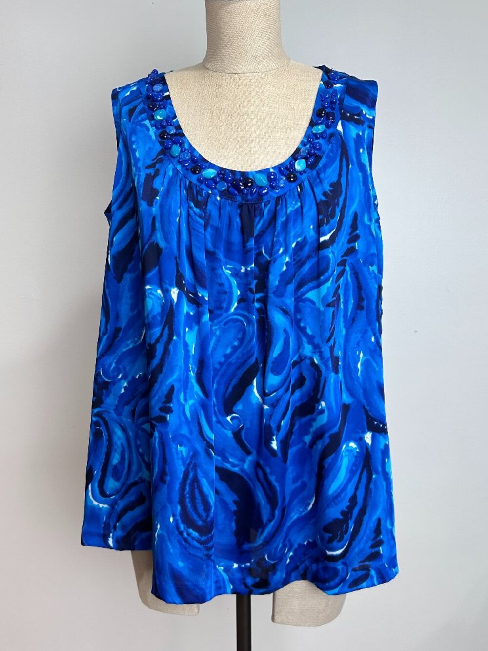 Michael Kors Women's 18W Blue Paisley Beaded Neck Tank Top Blouse Plus Size
